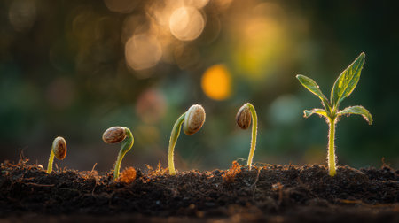 Seedling growth stages from seed germination to young plant emerging from soil in golden sunlight, representing natural life cycle development and agricultural cultivation process with environmental hope.の素材