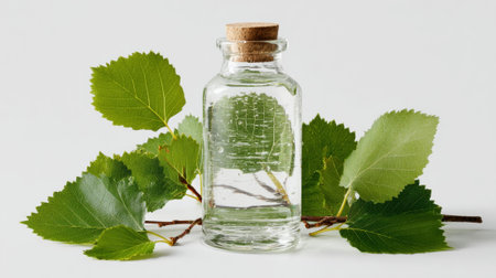 Clear glass bottle with cork stopper filled with water or essential oil, surrounded by fresh green birch leaves on neutral background.の素材