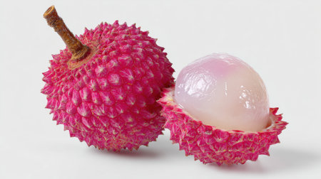 Vibrant pink lychee fruit with spiky textured skin, one whole and one peeled showing translucent white flesh on white background.の素材