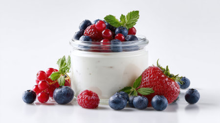 Creamy white yogurt in glass jar topped with fresh mixed berries including strawberries blueberries raspberries and red currants with mint leaves for healthy breakfast or snack.の素材