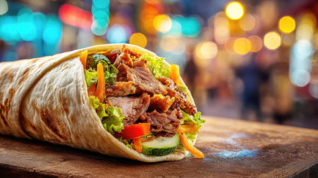 Grilled meat wrap sandwich with fresh vegetables, lettuce, tomatoes, peppers and cucumber in toasted tortilla on wooden board with colorful bokeh lights background, street food concept.の素材