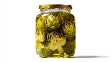 Marinated artichokes preserved in olive oil inside clear glass jar with golden lid on white background, ready for storage.の素材