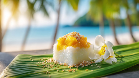 Traditional Thai mango sticky rice dessert with coconut cream and sesame seeds on palm leaf, tropical beach setting with white orchid garnish.の素材