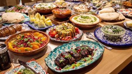Colorful Middle Eastern mezze spread featuring hummus, baba ganoush, stuffed vegetables, pastries and dips on decorative ceramic plates.の素材