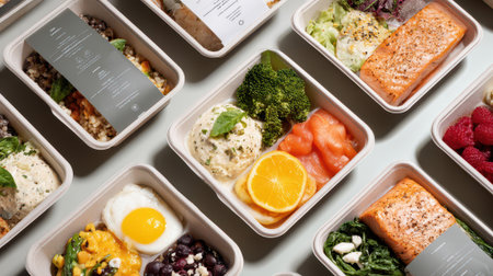 Healthy meal prep containers with balanced portions of salmon, vegetables, rice and fruits arranged in grid pattern. Clean eating lunch boxes for diet and nutrition.の素材