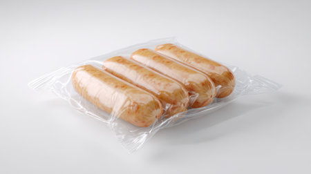Vacuum sealed raw sausages in transparent plastic packaging on white background, fresh meat products ready for storage, distribution and retail display.の素材
