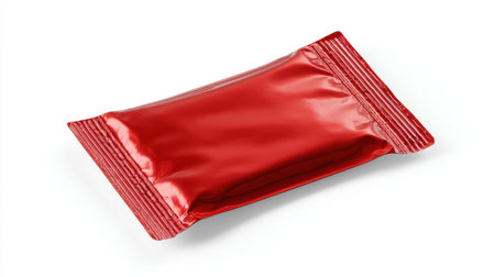 Red metallic foil snack package with crimped edges isolated on white background, blank wrapper template for food product mockup and commercial design presentation.の素材