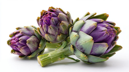 Fresh purple artichokes with green stems isolated on white background, healthy Mediterranean vegetable for gourmet cooking and culinary preparation.の素材