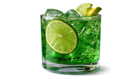 Bright green cocktail with lime slice and ice in rocks glass on white background for refreshing summer beverage advertisement and menu design.の素材