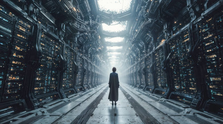 Solitary figure walks through massive futuristic corridor lined with glowing technological infrastructure and illuminated panels creating dramatic perspective in science fiction environment.の素材
