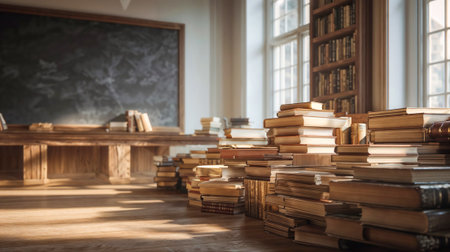 Stacks of vintage books scattered across sunlit wooden floor in classical library with chalkboard and bookshelves by windows.の素材