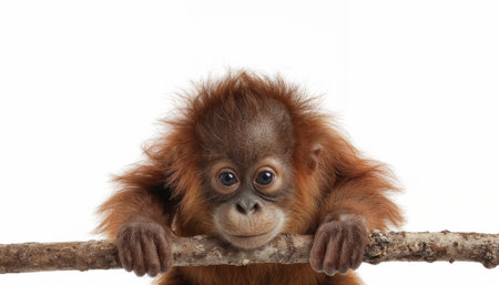 Adorable baby orangutan with fluffy reddish-brown fur hanging on branch against white background, looking directly at camera with large expressive eyes.の素材