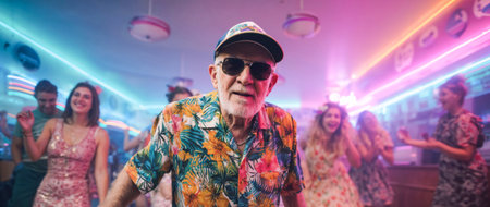 Elderly man in colorful Hawaiian shirt and sunglasses dancing at vibrant neon party with friends enjoying nightlife celebration.の素材