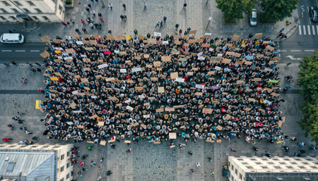 Aerial view of large protest demonstration with hundreds of people holding signs gathered in city square, showing collective action and civic engagement from above.の素材