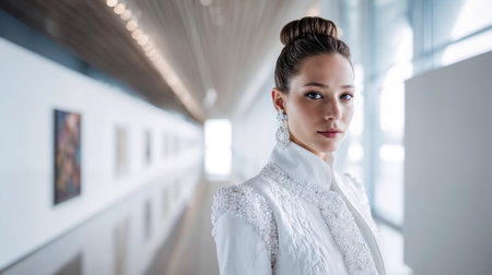 Elegant woman in white embellished outfit with hair bun and statement earrings poses in modern bright gallery interior with soft natural lighting and minimalist aesthetic.の素材