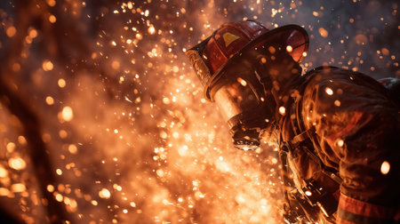 Metallic robotic arm surrounded by intense orange sparks and glowing particles creating dramatic industrial atmosphere with fire and light effects in dark background.の素材