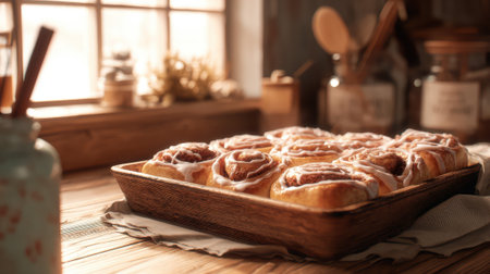 Freshly baked cinnamon rolls with white icing glaze arranged in wooden tray, warm kitchen setting with natural sunlight and rustic atmosphere.の素材