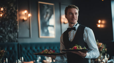 Elegant waiter in formal attire serving gourmet dishes in upscale restaurant with ambient lighting and sophisticated atmosphere.の素材