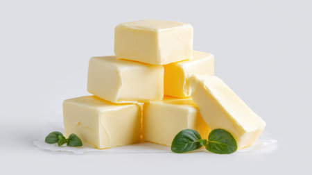 Creamy butter cubes stacked with fresh basil leaves, premium dairy product for cooking and baking on clean white background.の素材