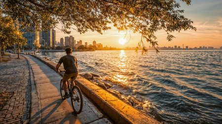 Cyclist enjoying peaceful sunset ride along lakefront promenade with city skyline backdrop and golden light reflecting on water surface.の素材