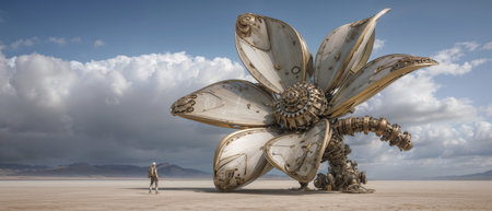 Massive steampunk mechanical flower sculpture stands majestically in desert landscape with lone figure showcasing surreal artistic proportions.の素材