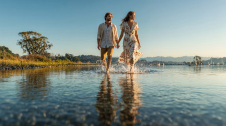Romantic couple walking hand in hand through shallow water at golden hour with mountains and boats in scenic background.の素材