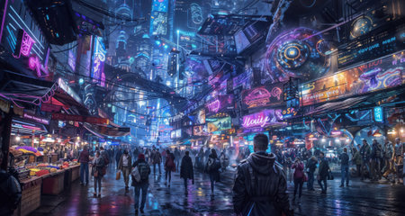 Futuristic cyberpunk marketplace with neon signs, holographic displays and crowds shopping in vibrant sci-fi cityscape at night.の素材