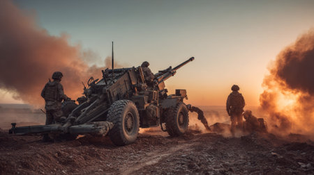 Military artillery crew operating howitzer cannon at sunset with dramatic smoke and orange sky during combat training exercise.の素材