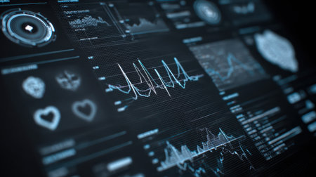 Futuristic medical dashboard with heart rate monitor, healthcare analytics, and digital interface displaying vital signs and diagnostic data on dark background.の素材