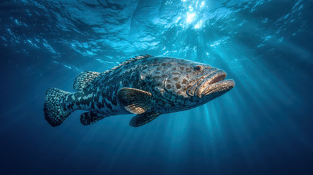 Magnificent grouper fish swimming gracefully through crystal-clear blue ocean waters with sunbeams filtering from above in tropical marine environment.の素材