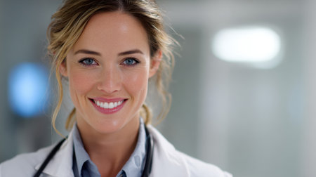 Professional smiling female doctor with stethoscope in modern medical facility wearing white coat displaying confidence and warmth in healthcare environment setting.の素材