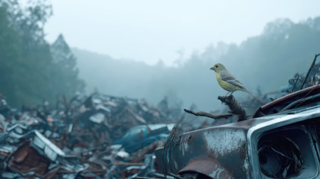A small bird perches on a twisted piece of metal in a post-apocalyptic car scrapyard, its vibrant life a stark contrast to the vast, desolate landscape of human waste.の素材