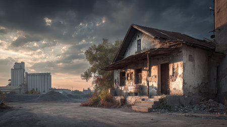 Abandoned weathered house with peeling paint stands against dramatic stormy sky with industrial grain elevator visible in background during moody twilight atmosphere.の素材