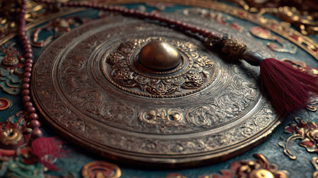 Ornate antique Tibetan singing bowl with intricate carved patterns sits on colorful traditional carpet surrounded by prayer beads and meditation accessories in warm lighting.の素材