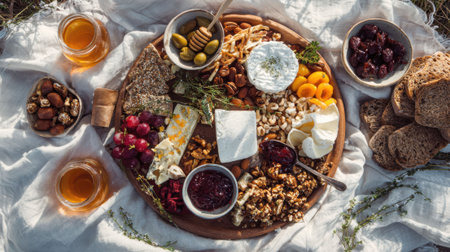 Gourmet cheese and charcuterie board with artisanal selections, nuts, fruits, honey, crackers arranged on wooden platter for elegant entertaining and food photography.の素材