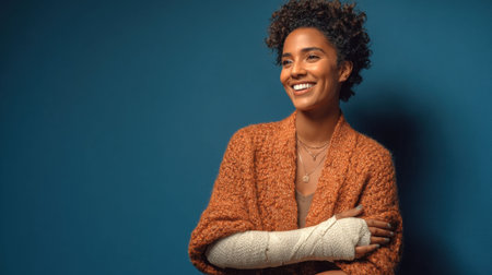 Smiling woman with arm cast wearing cozy orange sweater against teal blue background, showing positive attitude during injury recovery period.の素材