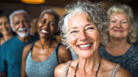 Happy smiling senior woman with gray hair enjoying active lifestyle fitness class with diverse group of mature adults in gym environment.の素材