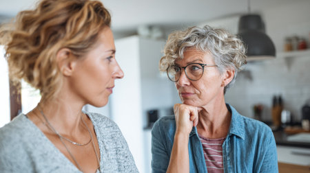Mature woman and adult daughter having difficult conversation in kitchen, discussing family matters with concerned expressions during emotional heart to heart talk.の素材