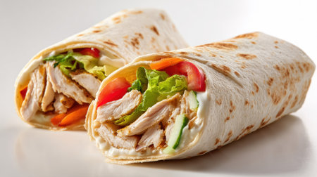 Fresh grilled chicken wraps filled with crisp lettuce, juicy tomatoes, and colorful vegetables rolled in soft tortillas on white background. Healthy lunch option.の素材