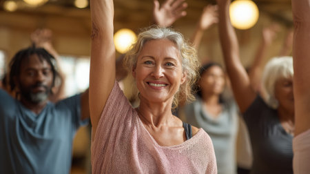 Joyful mature woman with arms raised enjoying group fitness class in bright gym studio with diverse people exercising together.の素材