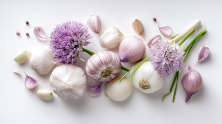 Fresh garlic bulbs with purple flowering chive blossoms and scattered cloves on white background. Natural organic allium vegetables and herbs composition.の素材