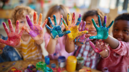 Children showing colorful painted hands after creative art activity in classroom. Diverse group of young students displaying vibrant finger paint in rainbow colors.の素材