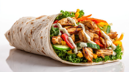 Grilled chicken wrap with fresh vegetables, lettuce, peppers and creamy sauce in tortilla on white plate with healthy lunch concept.の素材