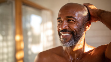 Smiling mature Black man with grey beard enjoying healthy lifestyle during morning workout routine in bright home interior fitness space.の素材