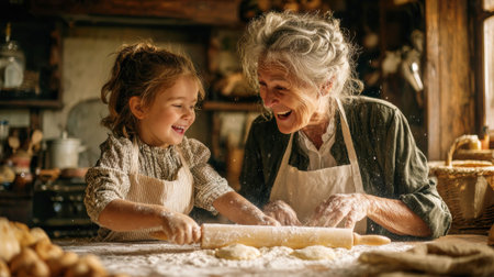Joyful grandmother and granddaughter baking together in cozy rustic kitchen, kneading dough with flour dust floating in warm atmosphere.の素材