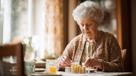 Senior woman organizing multiple prescription medication bottles at home table, managing daily pills and healthcare routine independently.の素材