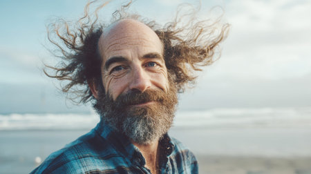 Mature bearded man with wild windswept hair smiling joyfully at beach, wearing plaid shirt, expressing freedom and vitality during coastal outdoor adventure.の素材