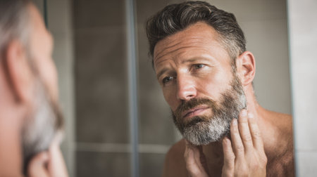 Middle aged bearded man examines his facial skin reflection in mirror during morning grooming routine in modern bathroom interior.の素材