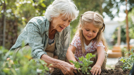 Grandmother and granddaughter planting seedlings together in sunny garden, enjoying quality time and teaching gardening skills outdoors.の素材
