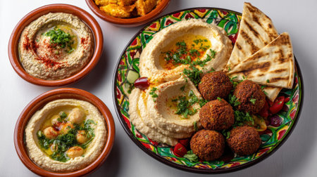 Middle Eastern mezze platter featuring hummus bowls, crispy falafel, warm pita bread, and colorful garnishes on traditional decorated ceramic plates for authentic Mediterranean dining experience.の素材